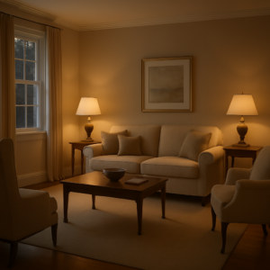 staged living room evening light