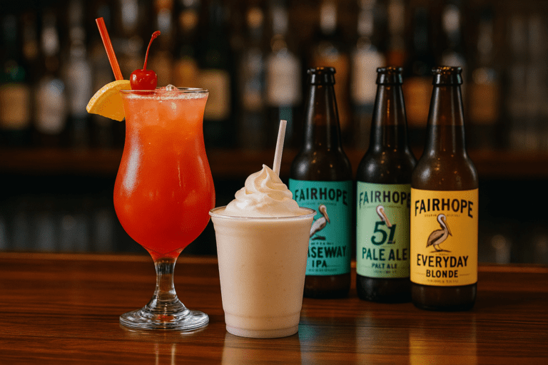 Big Daddy Punch and Bushwacker cocktails with Fairhope Brewing Company beer bottles in the background at Big Daddy’s Grill.