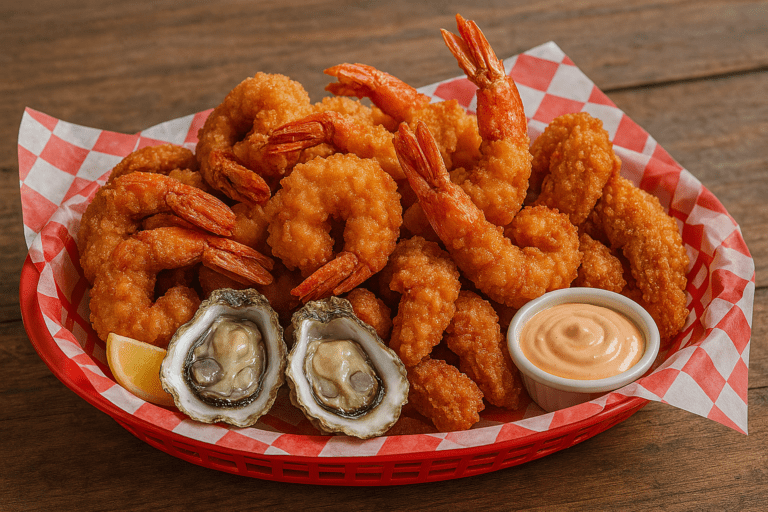 Fried seafood basket at Big Daddy’s Grill in Fairhope, Alabama, featuring golden shrimp and oysters in a red basket with dipping sauce.