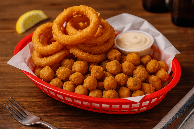 Red basket filled with golden fried onion rings and crispy okra at Big Daddy’s Grill in Fairhope, Alabama.