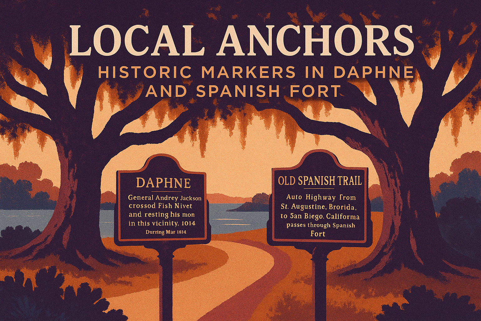 Old Spanish Trail historical marker surrounded by oak trees in Daphne, Alabama, symbolizing early transportation routes and local heritage.