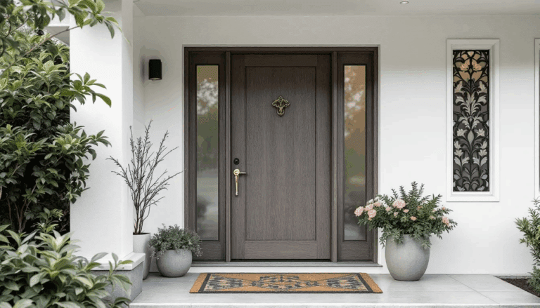 A stylish front door with a fresh coat of paint and decorative elements that enhance the home's curb appeal.