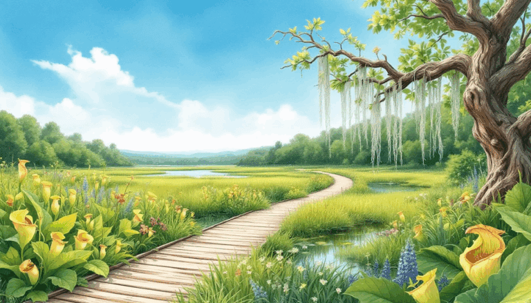 Visitors walking along the boardwalk at the Pitcher Plant Bog, surrounded by lush vegetation.