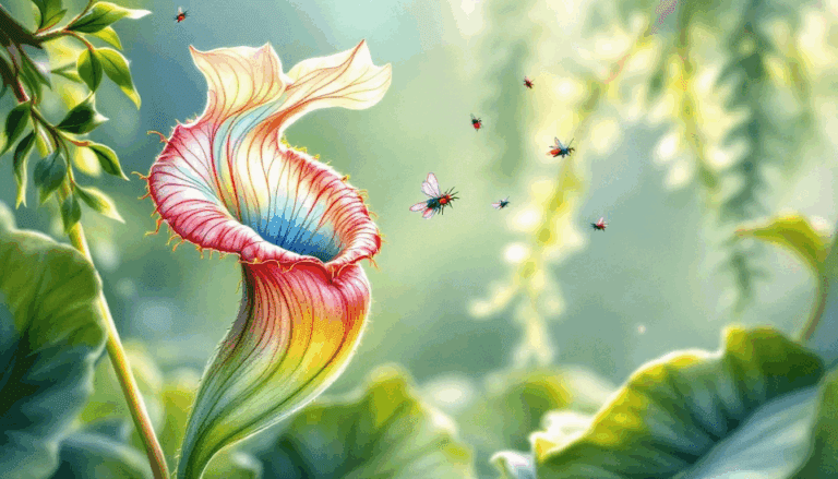 A close-up of a pitcher plant displaying its tubular structure and vibrant colors, attracting small insects.